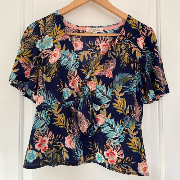 3/$30 Rewind S V-Neck Tie Front Floral Top with Elastic Back - Picture 1 of 6